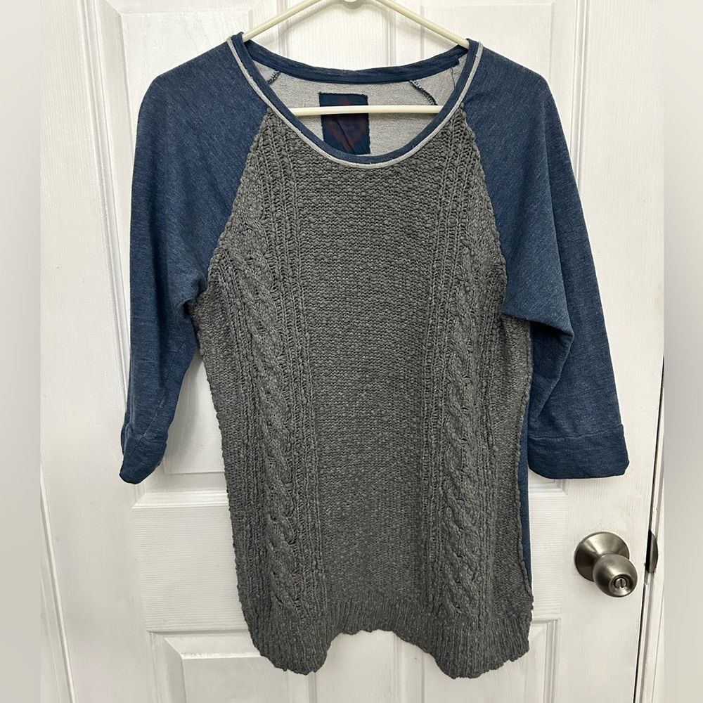 Womens Cable Knit Sweater Sweatshirt 3/4 Sleeve Top Blue Gray Two Toned Large
